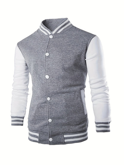 Men'S Casual Baseball Jacket - Stylish Black with White Stripes, Button-Up, Long Sleeve, Perfect for Spring & Fall, Casual Attire, Casual Wear|Baseball Jacket| Constructio