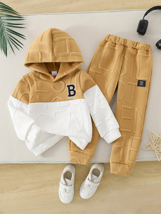 2pcs ' Winter Hooded Sweatsuit Set - Mustard-Yellow & White Color-Block Oversized Hoodie with -Letter Logo & Matching Pants, Warm Casual Outfit & (Autumn/Winter), Easy-Care Hand Washable 2pcs Clothes, Perfect for Outdoor