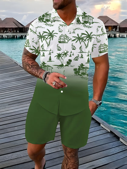 Men's 3D Printed Lapel Casual Shirt and Shorts Set