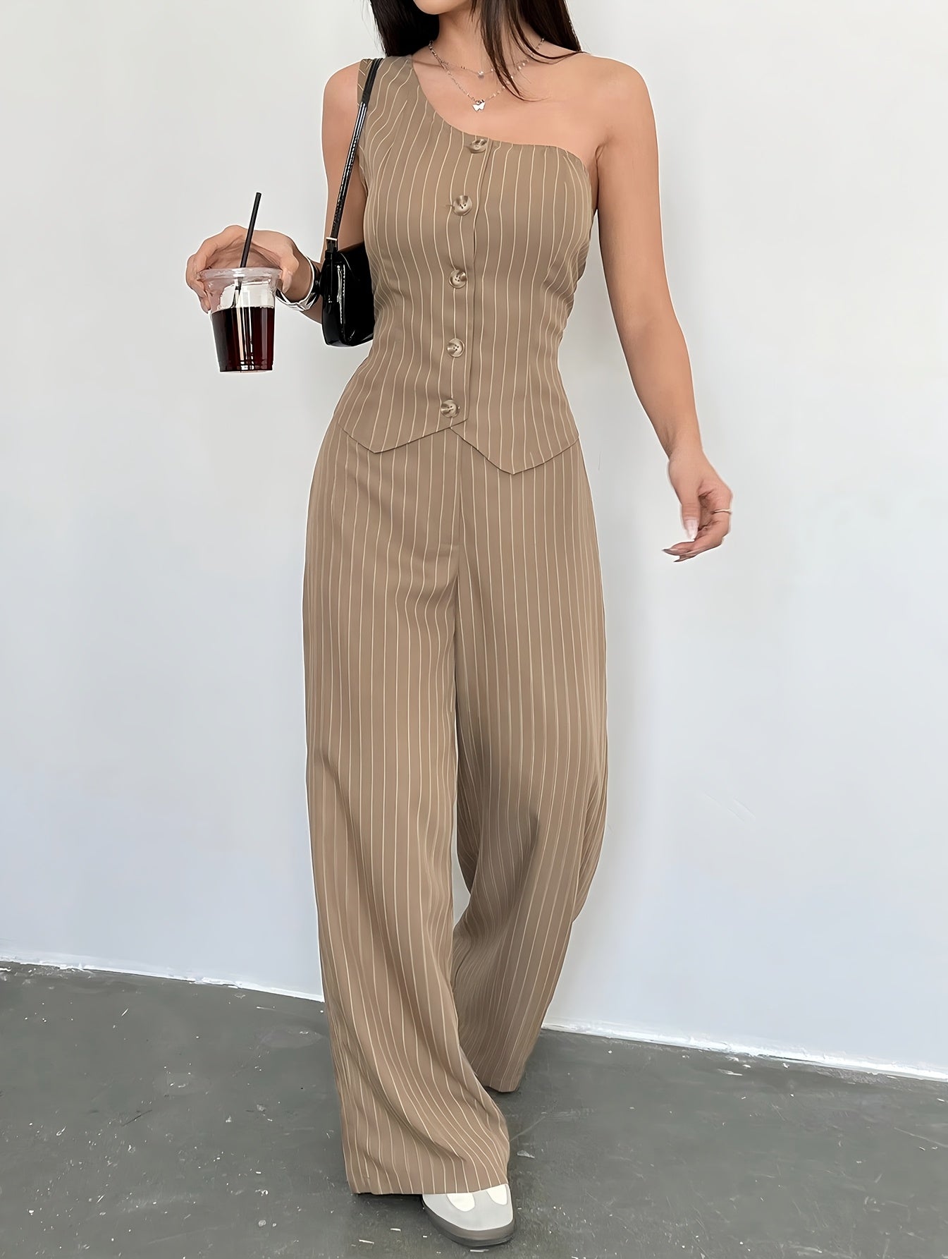 Women's Striped Off-Shoulder Vest & Wide-Leg Pants Set
