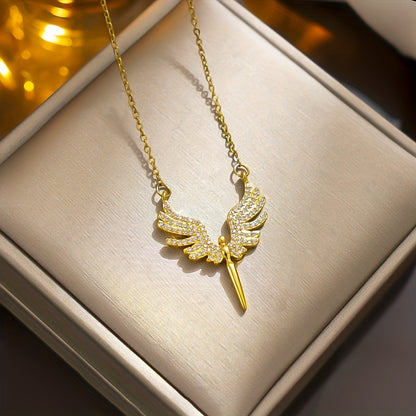 Glamorous Copper Angel Wings Pendant with Synthetic Zirconia