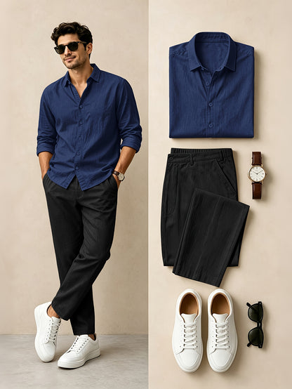 Men's Casual Linen Lapel Shirt & Buckle Pants Set for Spring/Fall