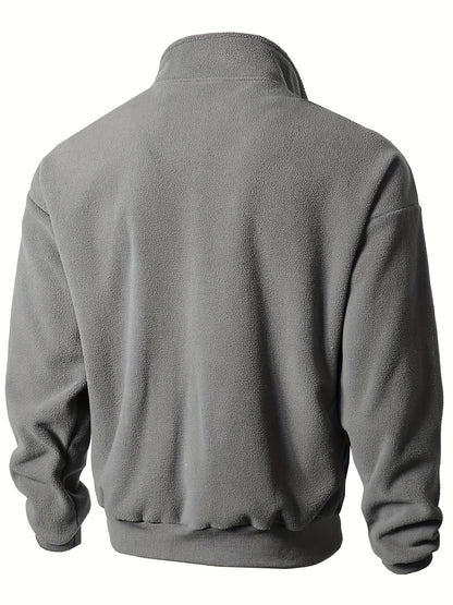 1pc Men'S Casual Sports Fleece Jacket - Solid Color Polyester Knit with Slight Stretch, Stand Collar, Long Sleeve, Regular Fit, Zipper Closure, Daily & Casual Wear