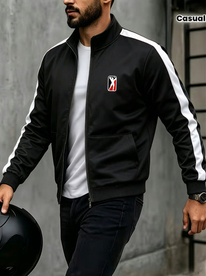 Men's Stand Collar Zip-Up Jacket with Striped Sleeves for Spring
