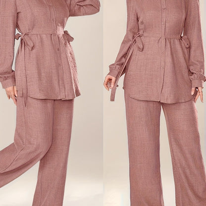 Women'S Solid Color Long Sleeve Knotted Waist Single-Breasted Shirt and Pants Elegant Commuter Set, Two-Piece Summer Autumn Women'S Outfit Office Business Casual Women'S Suit