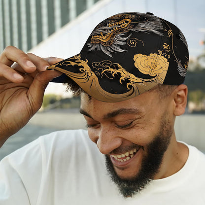 Stylish Dragon & Floral Print Baseball Cap - Breathable Lightweight Unisex Hat for Outdoor Sports, Casual Wear & Lunar New Year Festivities, Black with Golden/White Accents, Festive Headwear, Vibrant Patterned Cap, Comfortabl