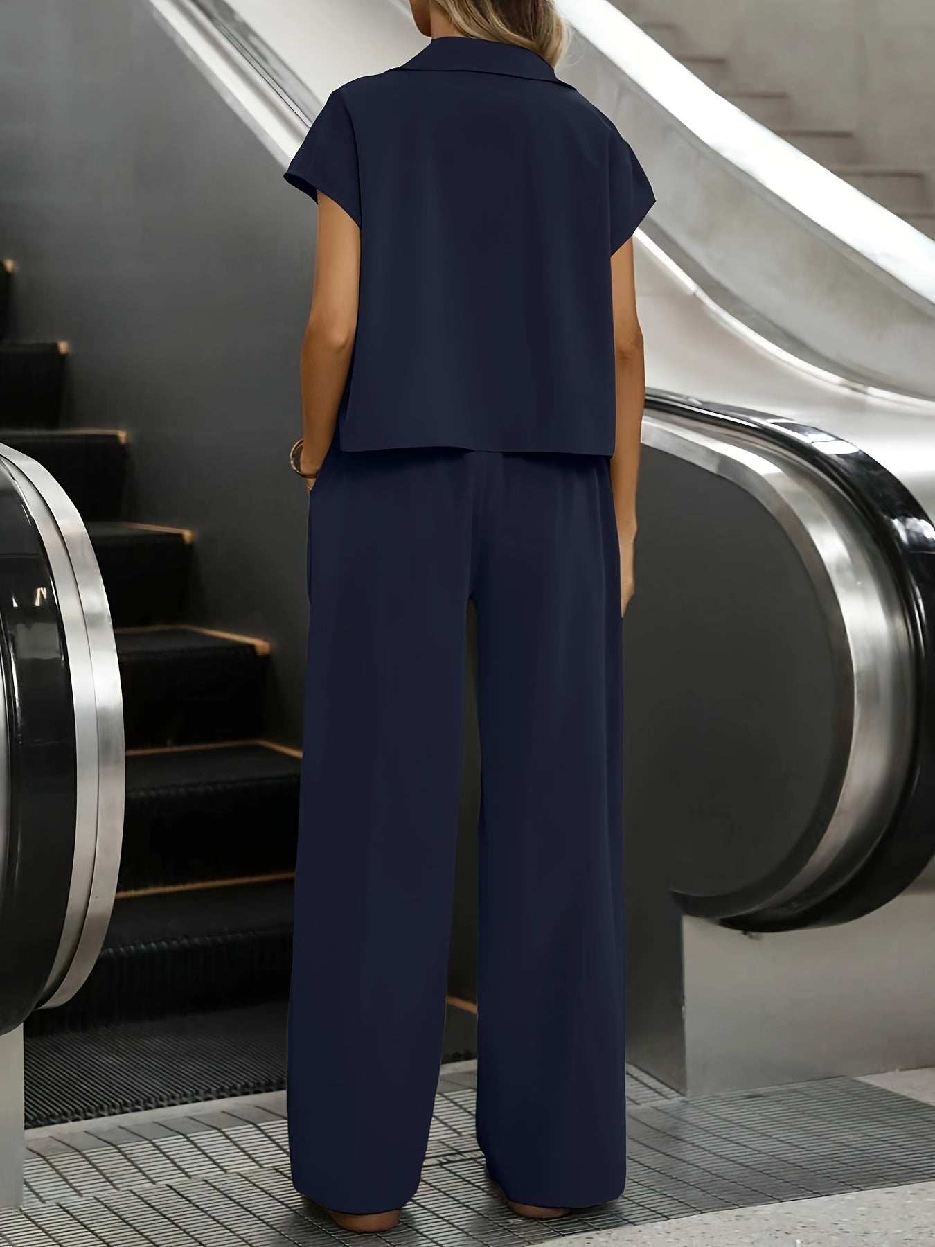 Women's Casual Solid Color Shirt and Pants 2pcs Set, Spring Summer 2pcs Set: Solid Color Button-Up Short Sleeve Top and Pocket Pants, Women's Casual Elegant Spring Summer 2pcs Outfit, Women's Outing and Date Wear, Spring Summ