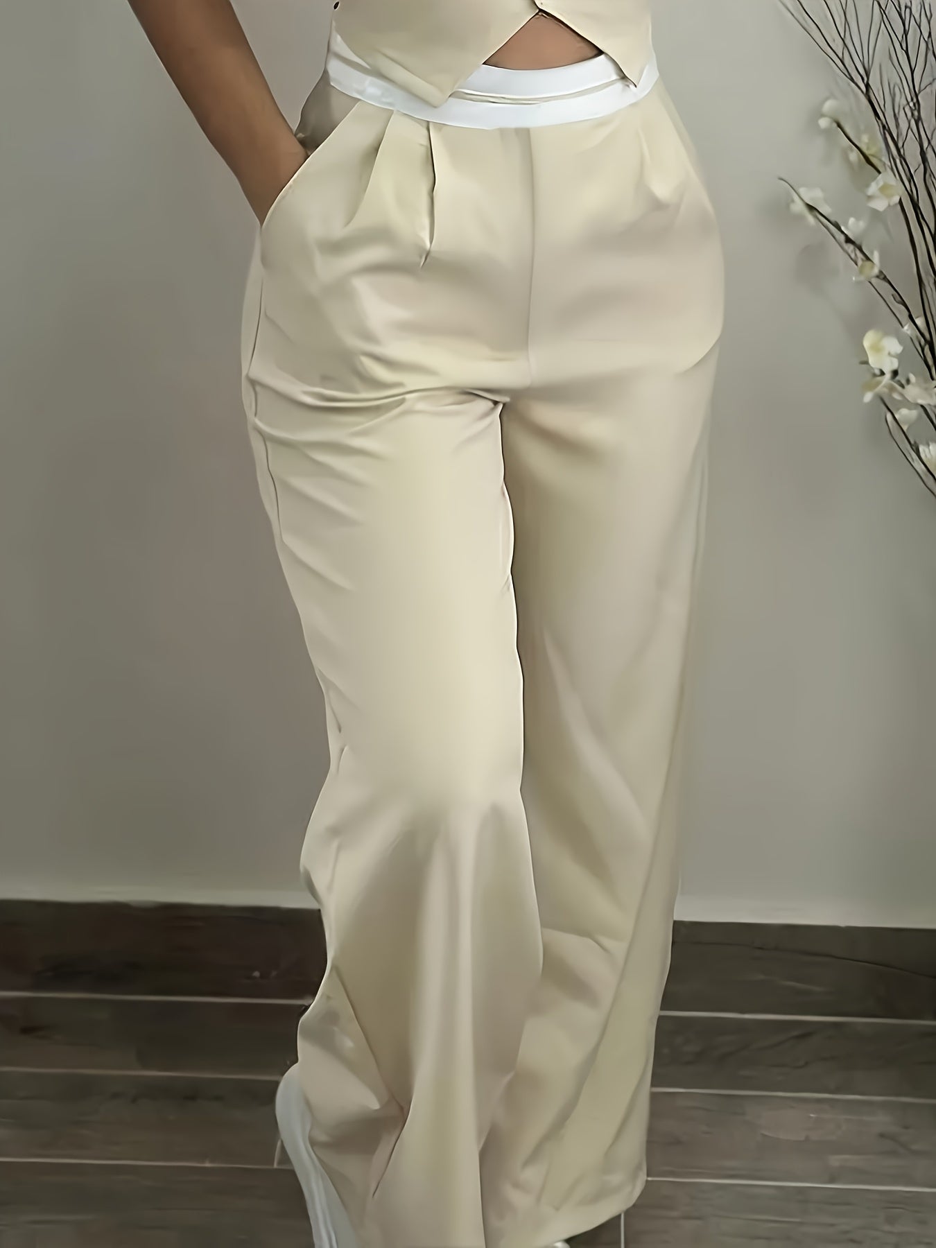 Simple and Elegant V-neck Vest with Casual Trousers 2pcs Set - ayq