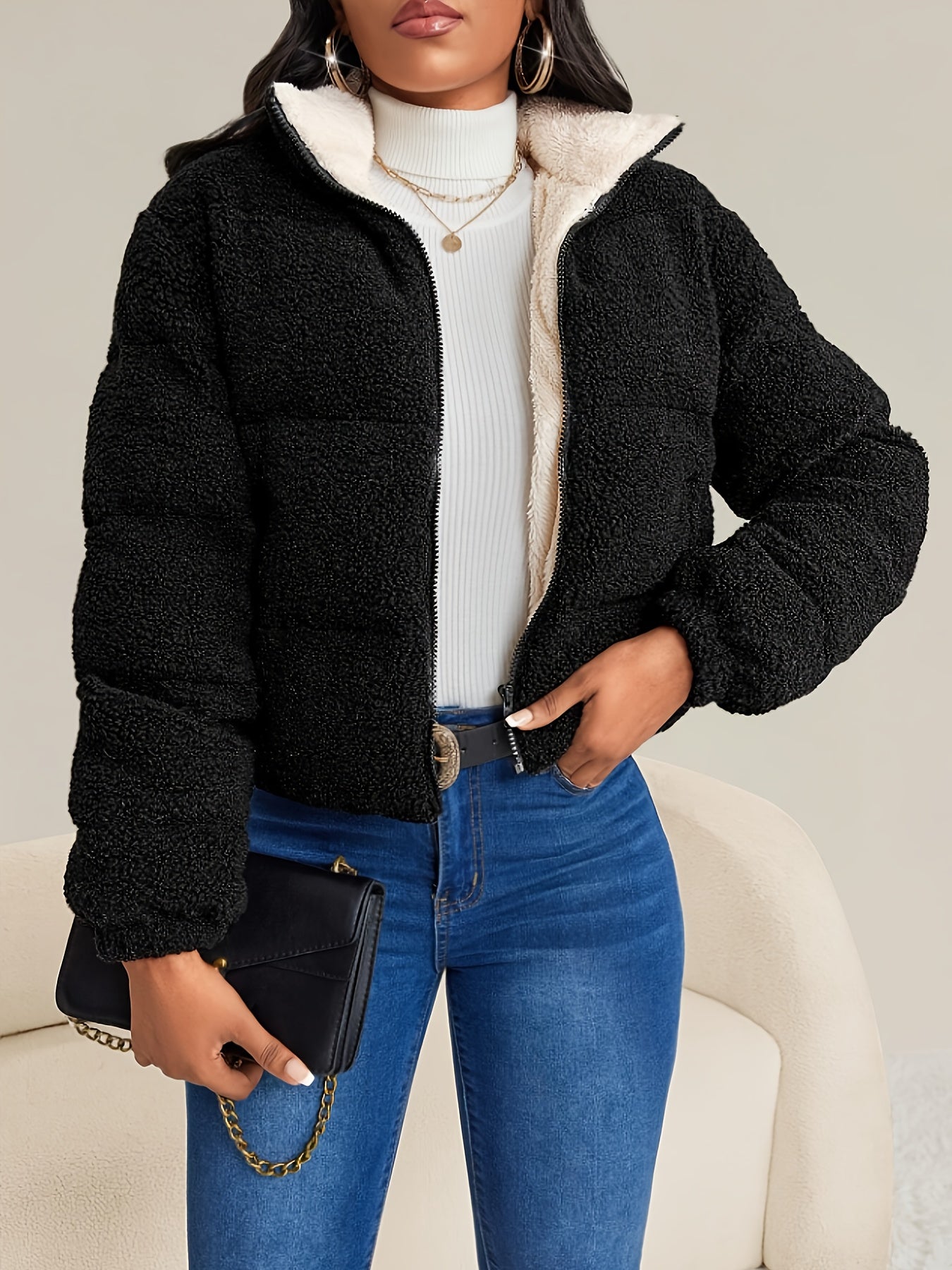 Women's Winter Warm Faux Fur Coat with Plush Lining - Full-Zip Long Sleeve Solid Black Jacket, Machine Washable Casual Outerwear for Cold Weather, Faux Fur Collar & Plush Lining, Versatile Everyday Coat