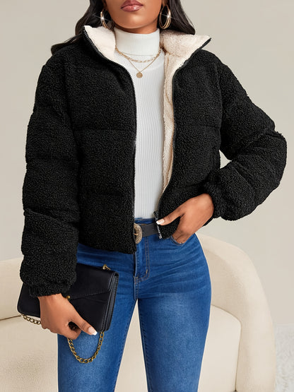 Women's Winter Warm Faux Fur Coat with Plush Lining - Full-Zip Long Sleeve Solid Black Jacket, Machine Washable Casual Outerwear for Cold Weather, Faux Fur Collar & Plush Lining, Versatile Everyday Coat