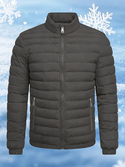 Men's Stand Collar Winter Jacket with Zipper and Fiber Filling