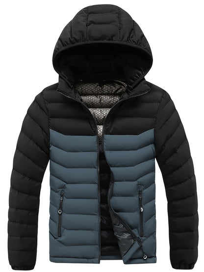 Men'S Winter Jacket with Detachable Hood - Black & Green Color Block, Zip-Up Casual Coat, Long Sleeve, Polyester Lining, Pockets, Regular Fit for Fall/Winter Outdoor Wear, Winter Coat, Fall Outerwear, Trendy Winter Jacket, Du