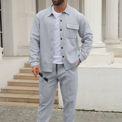 Men's Casual Sportswear Set - Long Sleeve Button-Up Shirt & Joggers, Stretch Fabric, Spring/Fall Collection