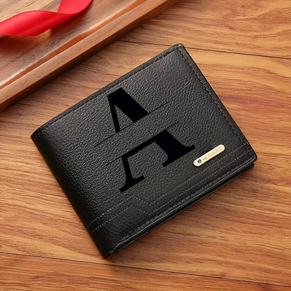 1pc Men's Business Style Faux Leather Wallet, Customizable Text and Initials, Solid Color Faux Leather with Contrast Accents, Compact Short Bifold Design for Easy Carrying - Perfect Birthday Gift for Boyfriend and Father, Per