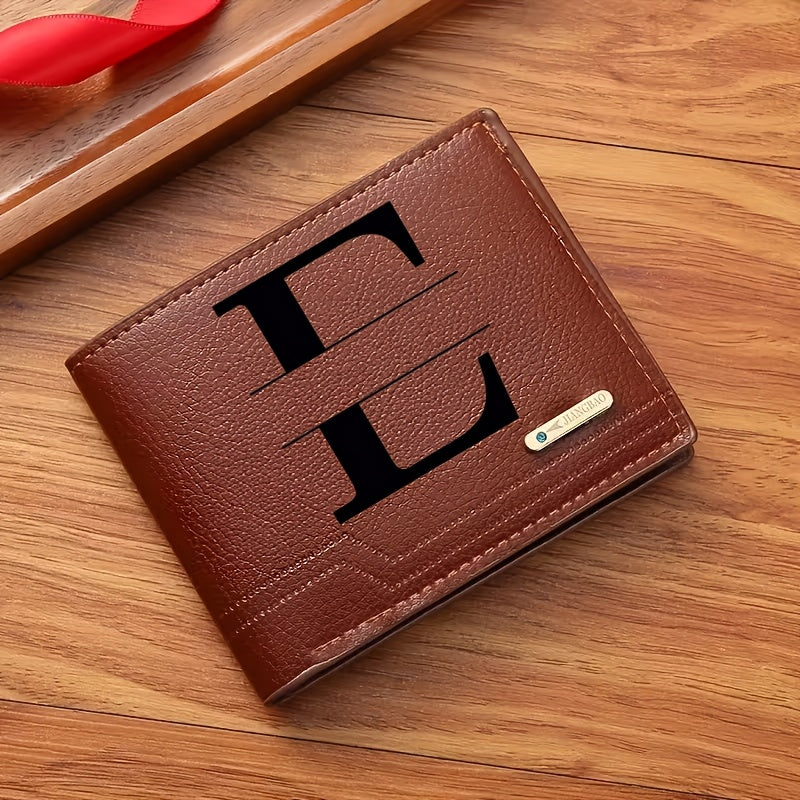 1pc Men's Business Style Faux Leather Wallet, Customizable Text and Initials, Solid Color Faux Leather with Contrast Accents, Compact Short Bifold Design for Easy Carrying - Perfect Birthday Gift for Boyfriend and Father, Per