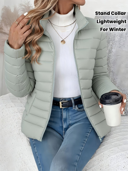 Women's Lightweight Winter Coat - Elegant Stand Collar Long Jacket, Machine Washable Cold Weather Outerwear for Fall/Winter, Formal & Everyday Use - Elegant Women's Outerwear, Casual Cold Wear, High Collar Design, Zipper Clos