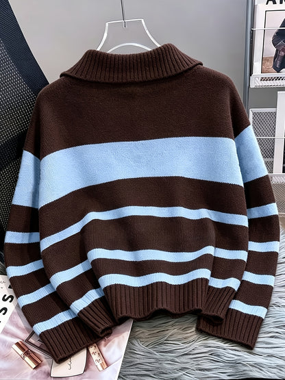Women's Striped Zip-Up Sweater with Thickened Inner Layer