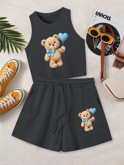 Casual Women's Two-Piece Vest and Shorts Set with Pattern Print
