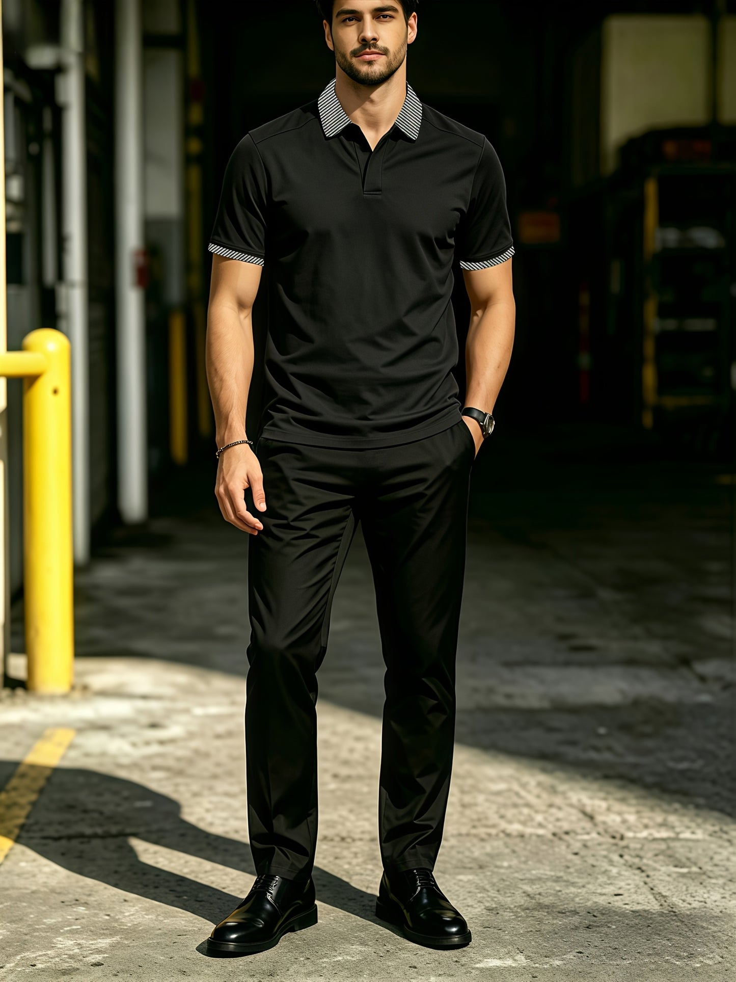 Men's Summer Plaid Collar Polo & Black Pants Casual Set