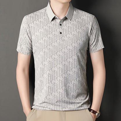 Men'S Casual Summer Short Sleeve T-Shirt with "Gil" Letter Print, Light Gray, Button-Up Collar, Medium Stretch Fabric, Regular Fit, Perfect for Weekend Outings, Relaxed Outing Shirt   Letter Print Tee   Medium Stretch Fabric