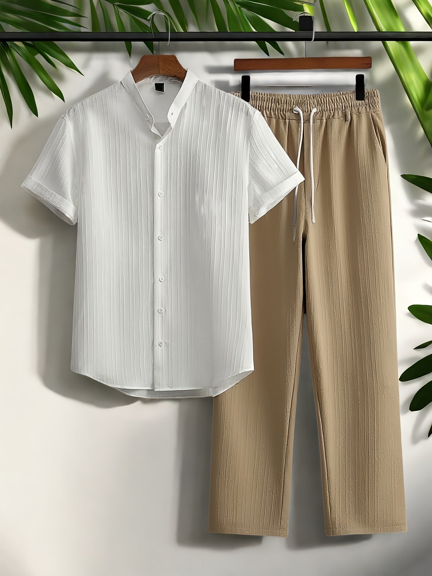 Casual 2pcs Set: Short Sleeve Stand Collar Shirt + Tie Straight Leg Pants, Suitable for Vacation Beach Outdoor Leisure Party