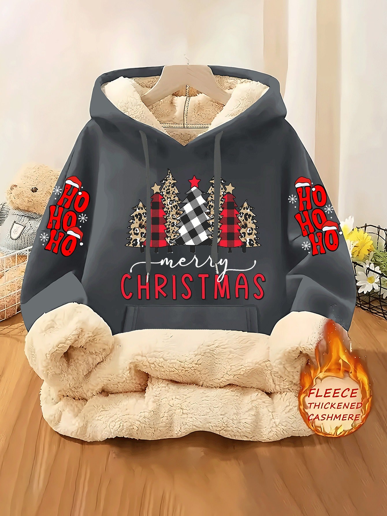 Christmas & Plaid Leopard Print Christmas Tree Pattern Printed Ladies Lined Hoodie, Thick and Warm Polyester Fabric Jacket, Suitable for Casual Composite Warm Clothing for Autumn and Winter Season