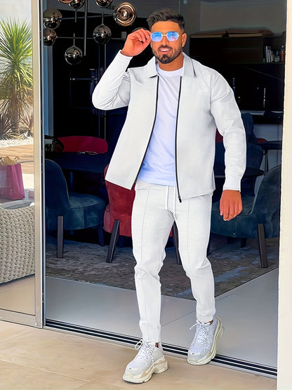 Men's Waffle Collar Suit Fashion Zipper Cardigan Casual Set