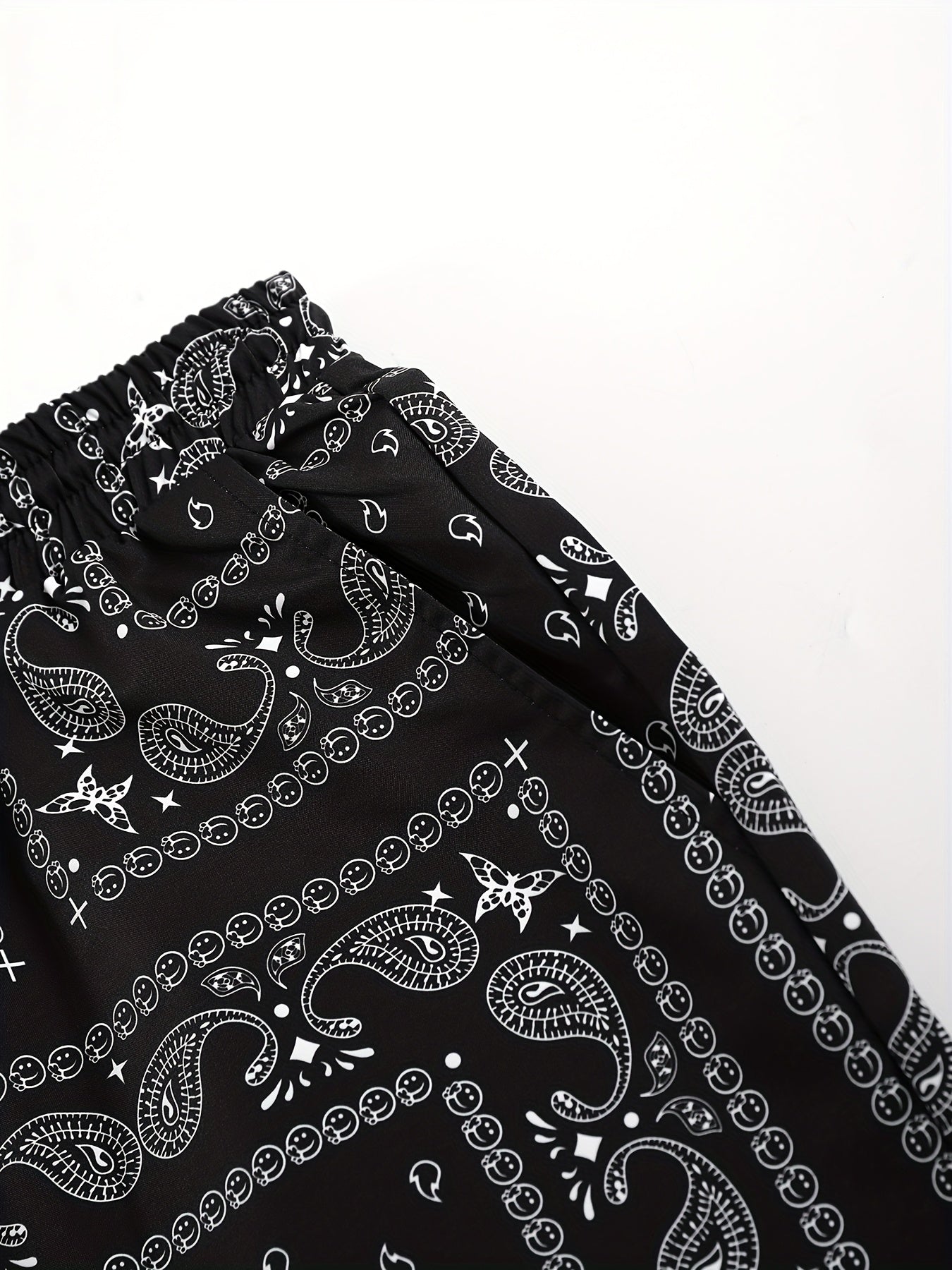 Men's Paisley Print Short Sleeve Shorts Single Button Shirt Suit with Elastic Cord and Pockets
