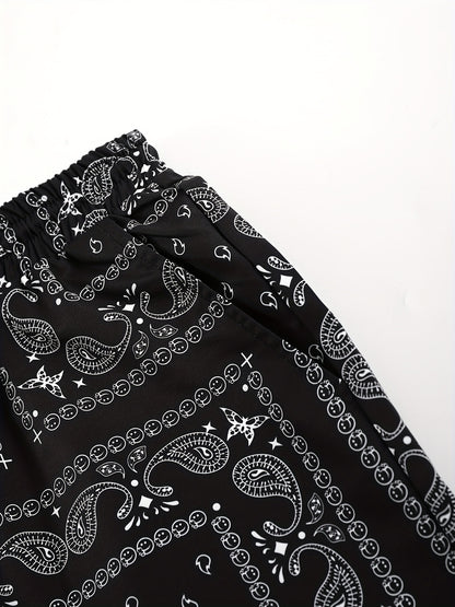 Men's Paisley Print Short Sleeve Shorts Single Button Shirt Suit with Elastic Cord and Pockets