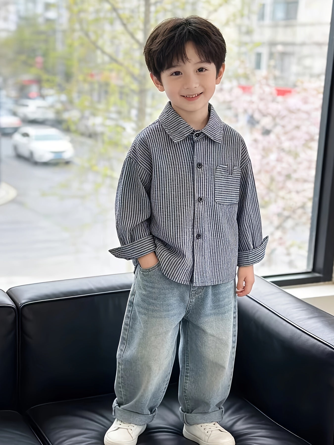 Boys' Classic Striped Navy Shirt & Jeans Set for Spring/Fall