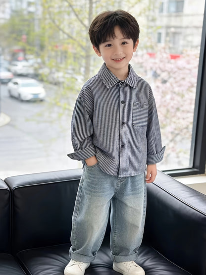Boys' Classic Striped Navy Shirt & Jeans Set for Spring/Fall