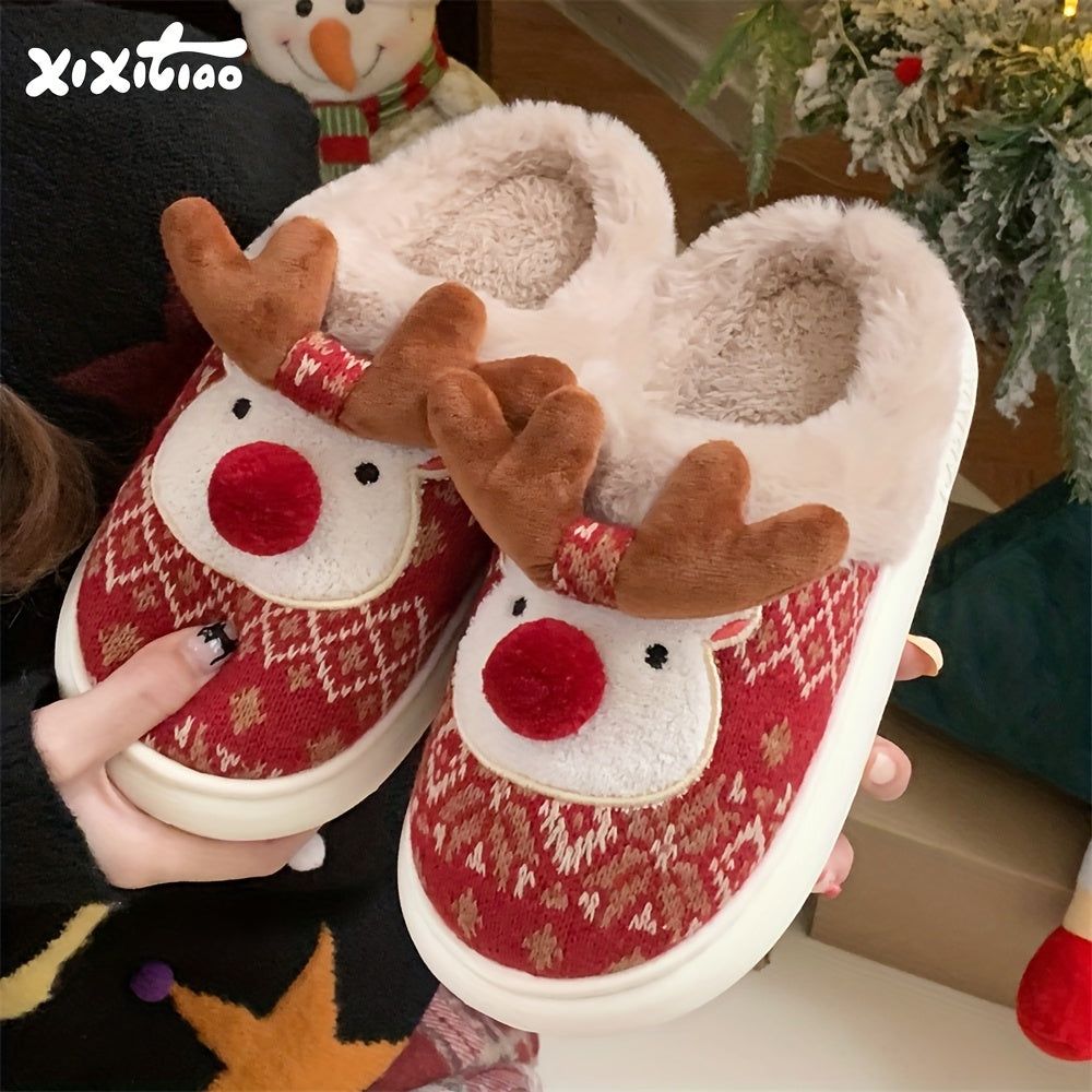 XIXITIAO Women's /Korean Style Winter Slippers - Deer & Reindeer Pattern Cozy Warm Booties, Soft Fabric & Sole for Indoor/Outdoor Use, Cute Animal Shoe for Christmas, Hand Washable