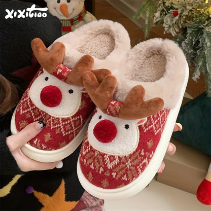 XIXITIAO Women's /Korean Style Winter Slippers - Deer & Reindeer Pattern Cozy Warm Booties, Soft Fabric & Sole for Indoor/Outdoor Use, Cute Animal Shoe for Christmas, Hand Washable