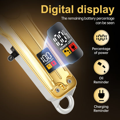 One Piece of a Golden Electric Hair Clipper for Men, Featuring a Professional-Grade Design with an Adjustable Serrated Blade, Four Comb Attachments of Varying Sizes, USB Charging Capability - ayq