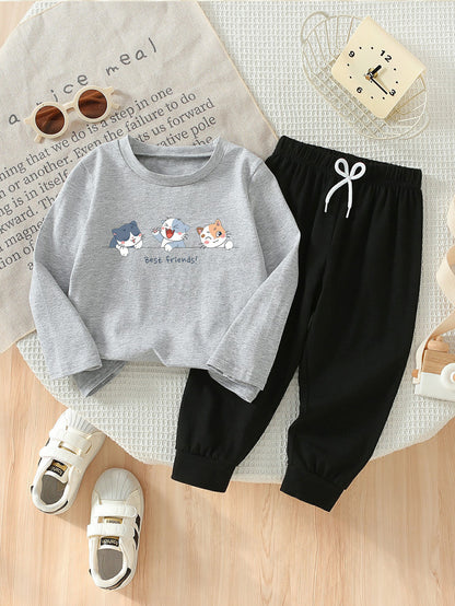 Boys' Casual Cotton 2-Piece Set with Cat Friendship Print