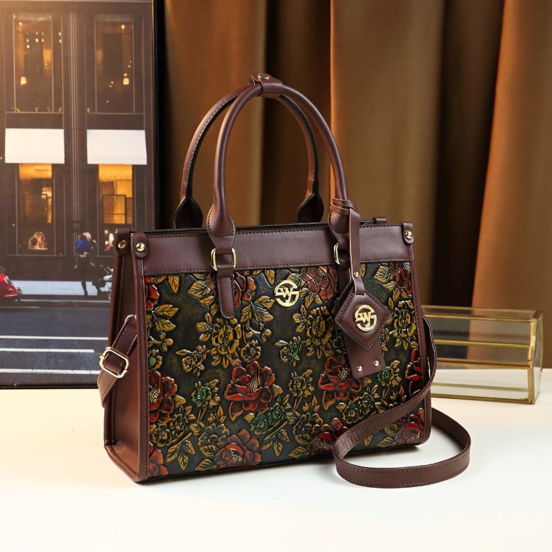 Vintage Floral PU Handbag for Women with Zipper Closure