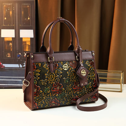 Vintage Floral PU Handbag for Women with Zipper Closure