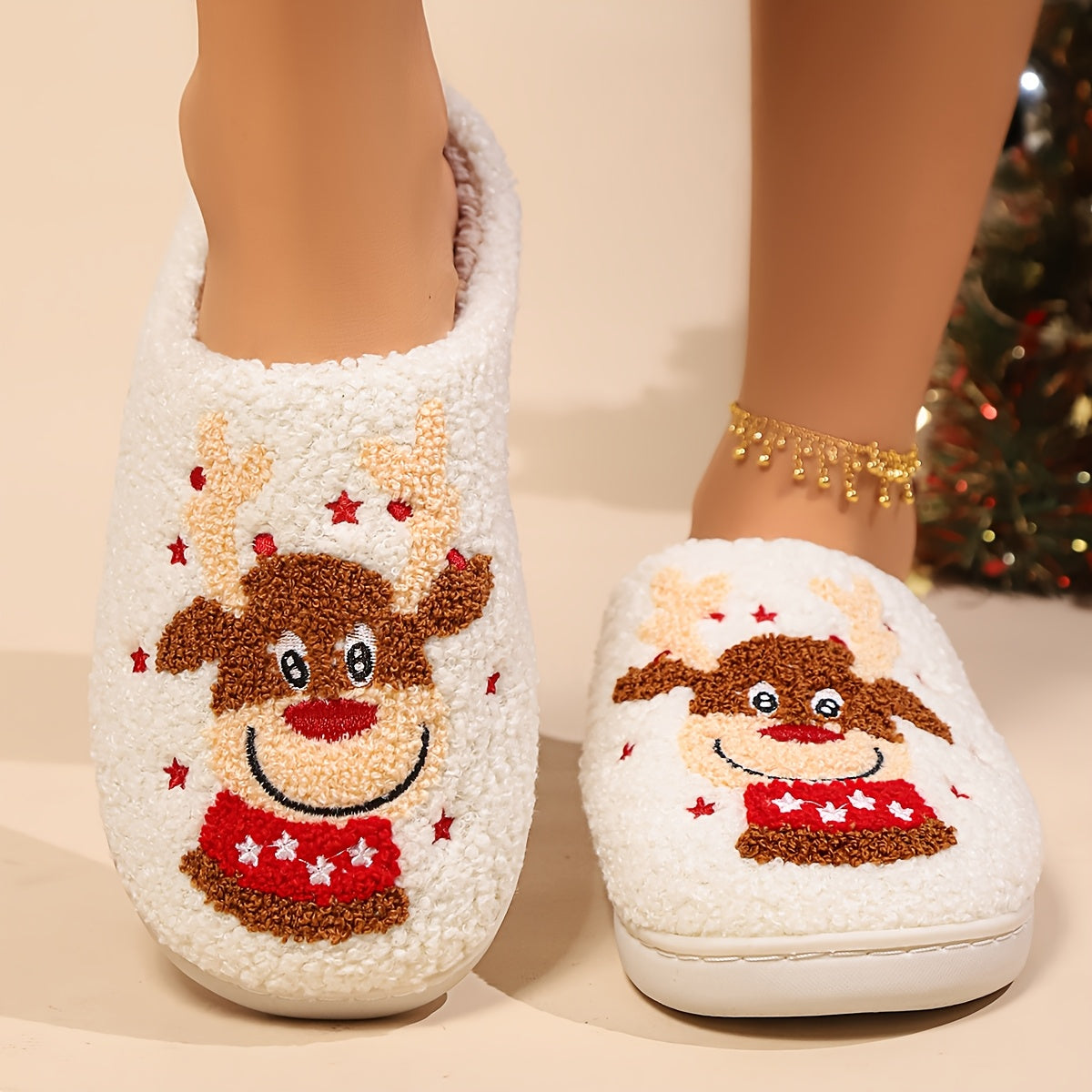 Men'S & Women'S Plush Slippers - Cute Santa Hat & Reindeer Design with Red & Green Stripes, Soft Plush Lining & TPR Sole - Cozy Winter House Shoes for Christmas, Holiday Parties - Lightweight Comfortable Indoor/outdoor Footwe