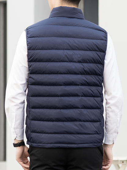 Men's Winter Sleeveless Warm Vest Jacket, Casual Fashion Zippered Multi-Pocket Solid Color Stand Collar Black Thermal Gilet for Autumn/Winter Outdoor Leisure Sports Hiking Lightweight Waistcoat Coat