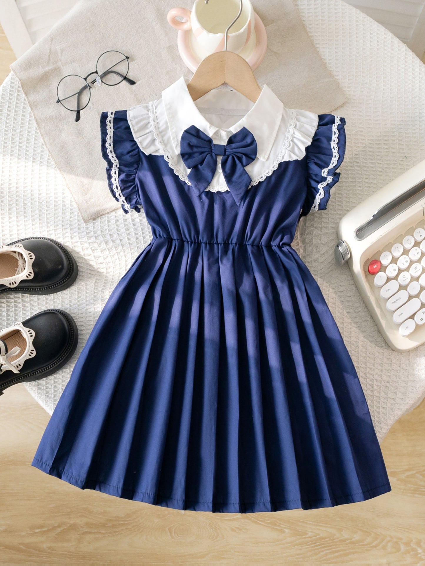 Girls' Preppy Pleated Dress with Peter Pan Collar & Bow