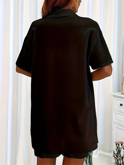 Women's Casual Two-Piece Set: Button-Up Shirt & Drawstring Shorts