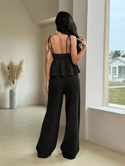 Women's Elegant Spring Summer Ruffle Top & Wide-Leg Pants Set