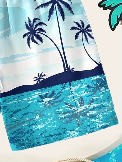 Boys' Tropical Beach Print Swim Shorts - Quick-Dry, Breathable Polyester with Elastic Waistband & Drawstring, Light Blue Palm Tree Design for Summer Fun & Surfing, Beach Shorts, Quickdry Fabric, for Outdoor
