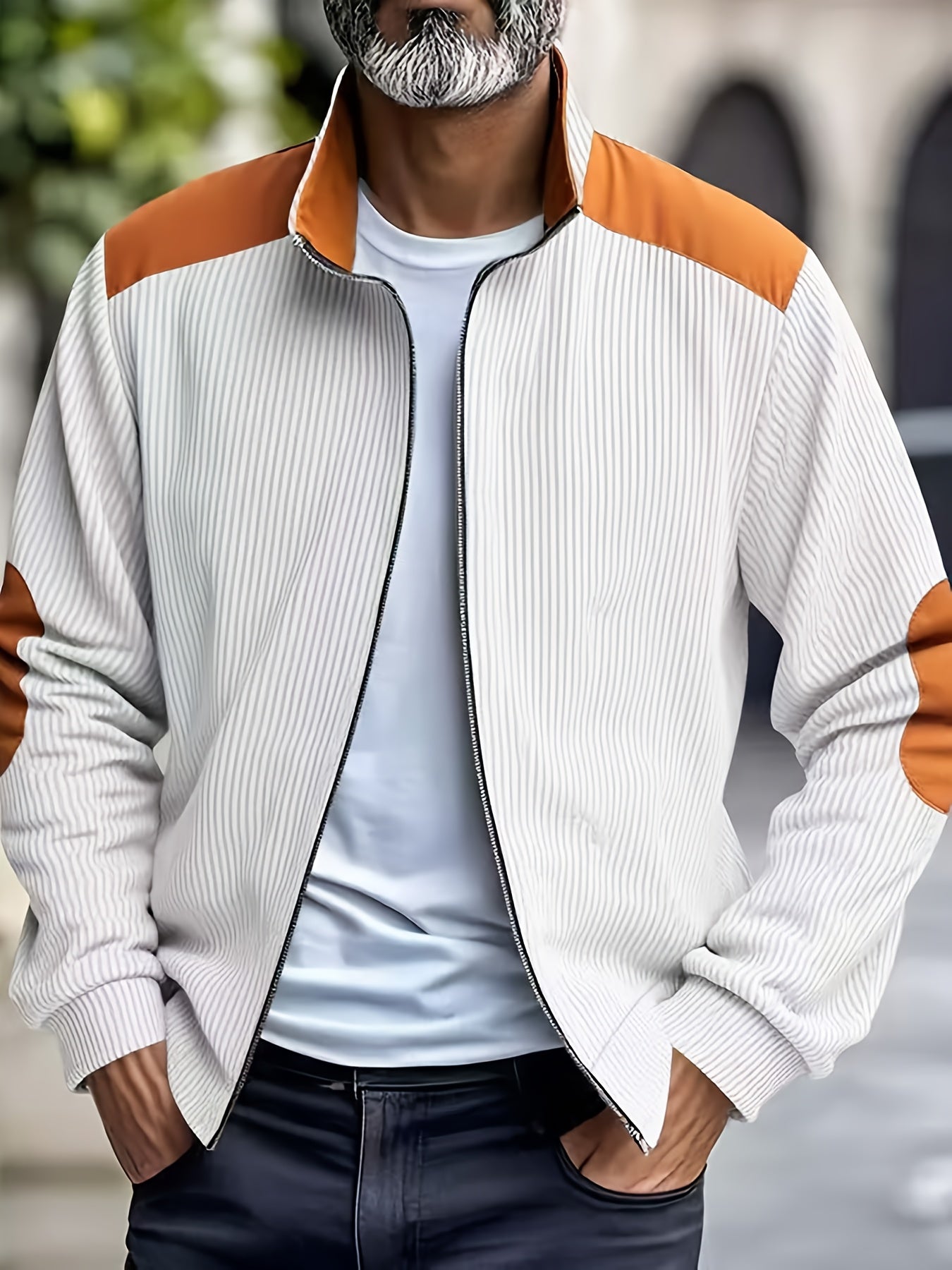 Men'S Long Sleeve Patchwork Fashion Warm Jacket, Corduroy Long Sleeve Warm Coat with Zipper Stand Collar Long Sleeve Casual Comfortable Autumn and Winter Style