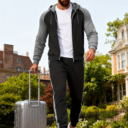 Men'S Casual Sports Hoodie Two-Piece Set with a Color-Blocked Design, Featuring a Zip And Drawstring Waist, Suitable for Jogging in All Seasons