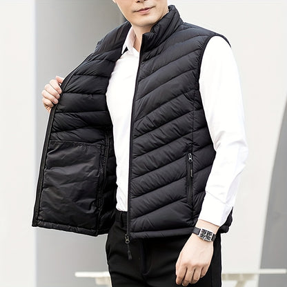Men's Winter Sleeveless Warm Vest Jacket, Casual Fashion Zippered Multi-Pocket Solid Color Stand Collar Black Thermal Gilet for Autumn/Winter Outdoor Leisure Sports Hiking Lightweight Waistcoat Coat