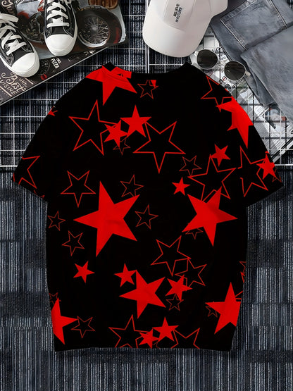 Men's Allover Color Blocking Stars Pattern Short Sleeve Crew Neck T-shirt For Summer, Casual Stylish Tee As Gift