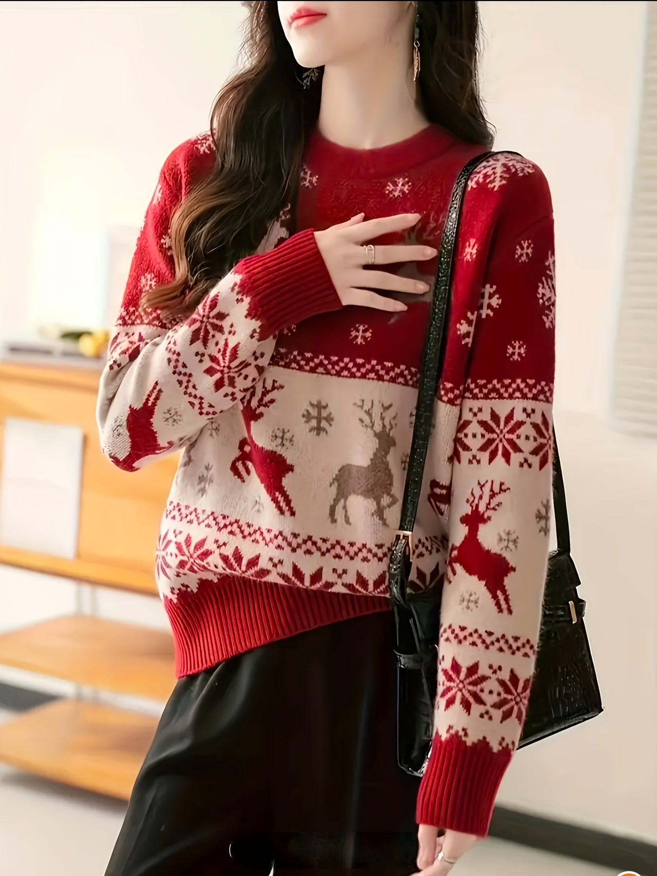 Women's Elegant Red & White Winter Sweater with Nordic Reindeer & Snowflake Pattern - Cozy Sweater for Christmas, New Year's Eve, Valentine's Day - Machine Washable Long Sleeve Round Neck Sweater in Red, White, Brown & Black