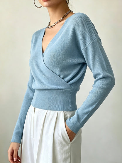 Women's Elegant Cross-Collar V-Neck Pullover Knitwear for Fall/Winter