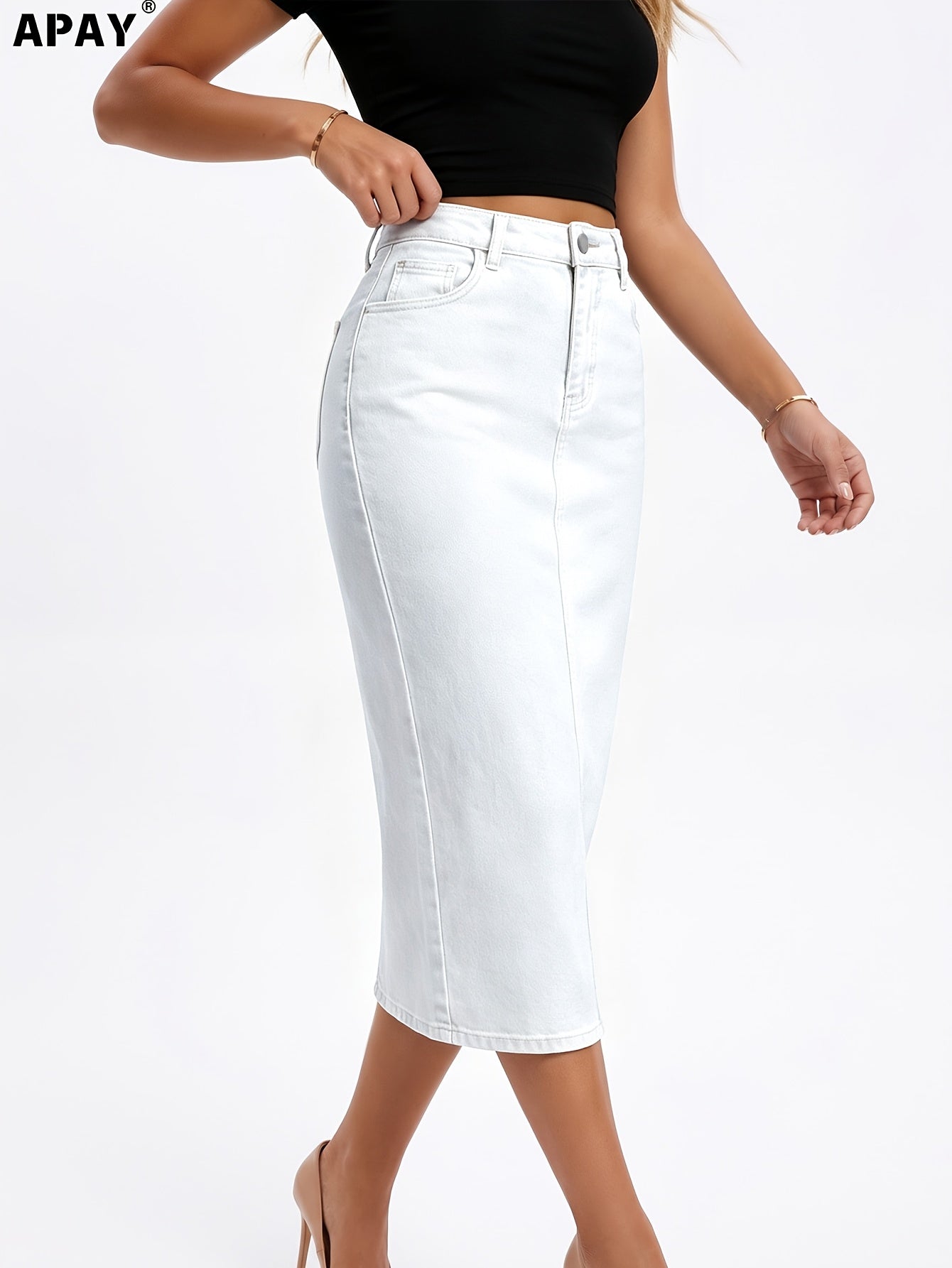 High Waist Midi Denim Skirt for Women, Slim Bodycon Pencil Style